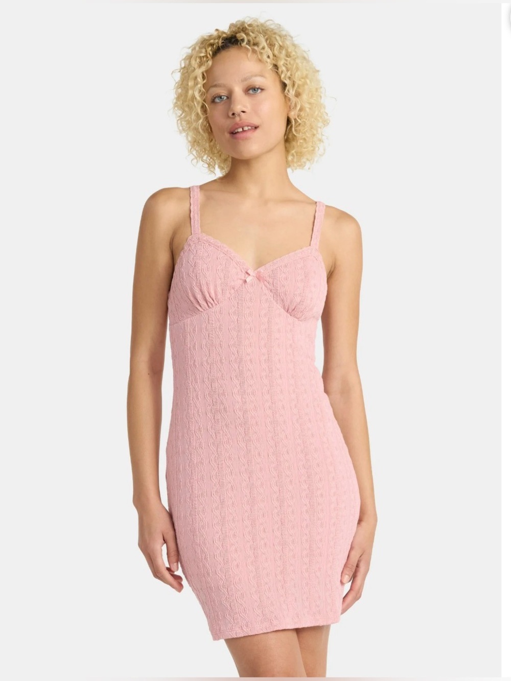 No Boundaries Dusty Pink Textured Cable Knit With Lace Trim Mini Dress